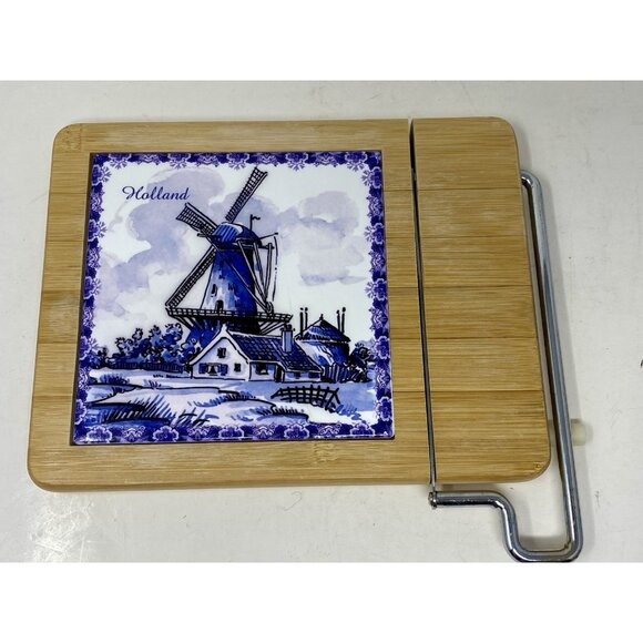 Vintage Delft Blue Windmill Tile Wooden Cheese Board With Slicing Blade Holland - Picture 1 of 8